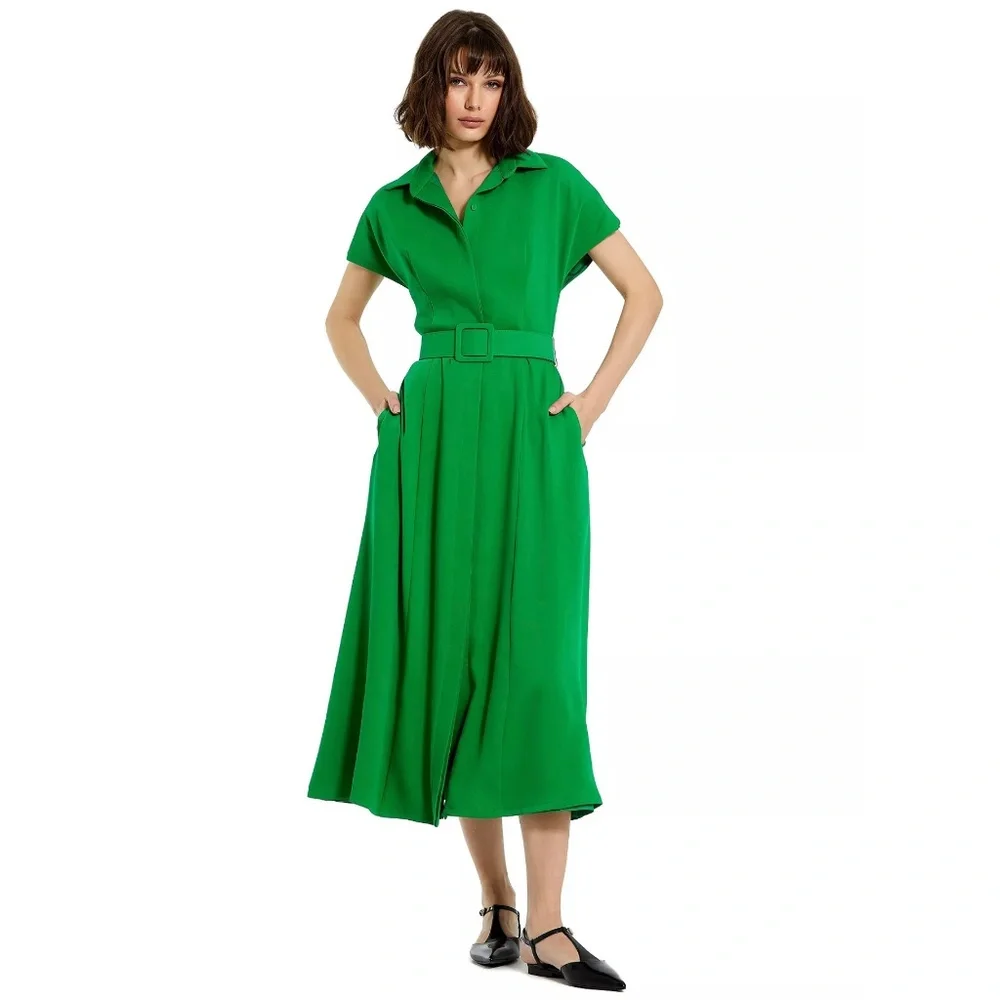 NWT Mac Duggal Crepe Collar Short Sleeve Green Midi Dress - NO BELT - Picture 11 of 11